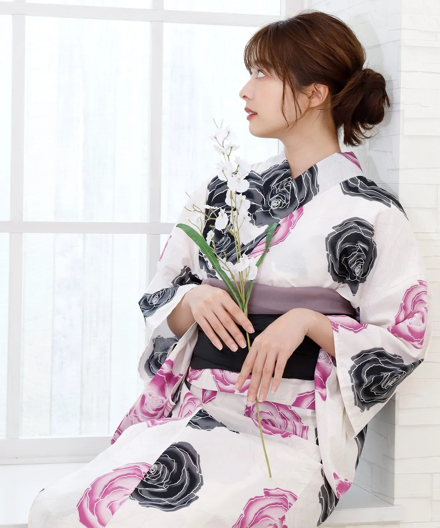 Traditional Yukata Kimono Cotton Linen Material Double Color Girl's Dress Rose Design Summer Fashion Ethnic Women's Clothing