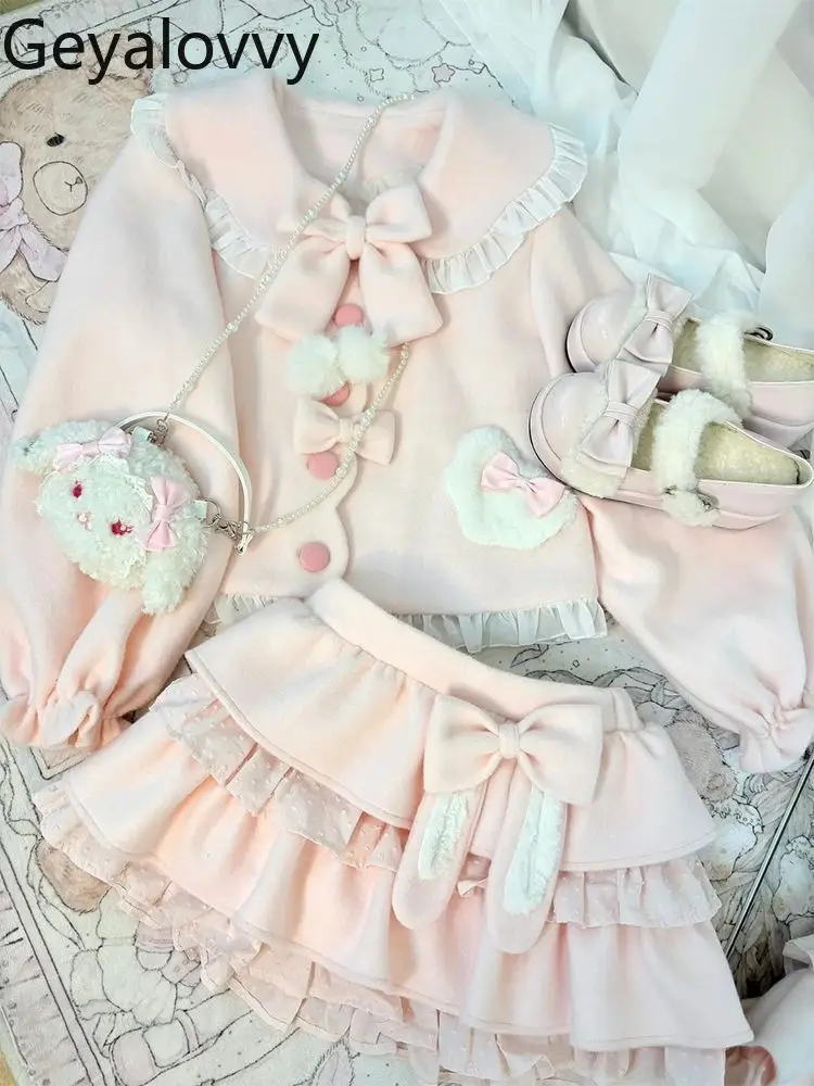 

Осенне-зимний милый комплект для девочек: пальто с воротником-стойкой и бантом + мини-юбка, розовый, универсальный, на одной пуговице