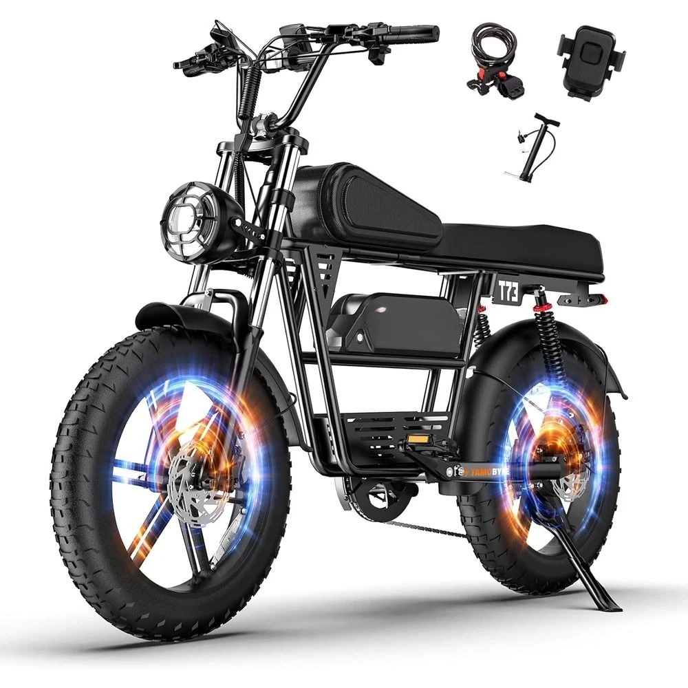 

T73 Moped-Style E-Bike: 1000W/1500W Dual Motor, 30-37.5MPH Speeds, 48V 15.6-41.6Ah Battery, 5-Speed Gears, 20'' Fat Customized