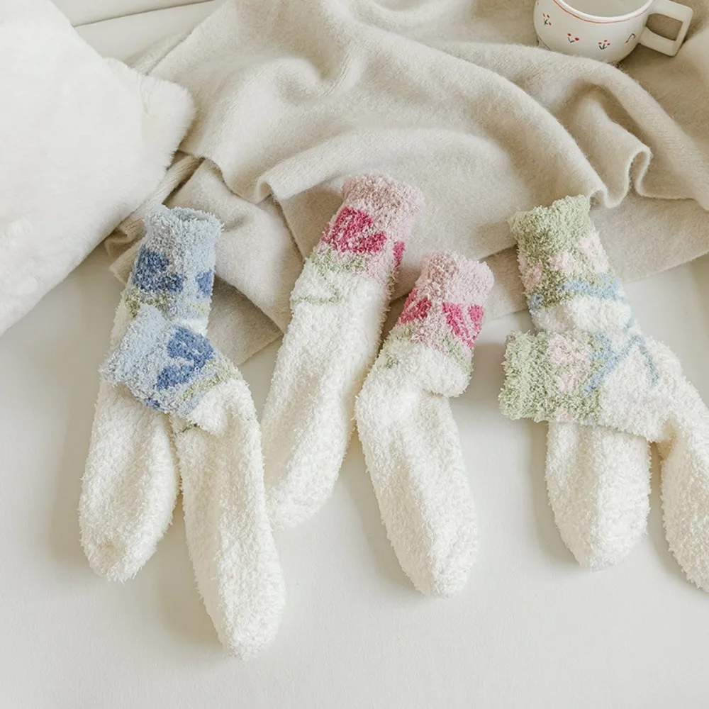 

Soft Autumn Ruffle Trendy Cute Sweet Tulips Pattern Korean Style Socks Middle Tube Coral Velvet Female Socks