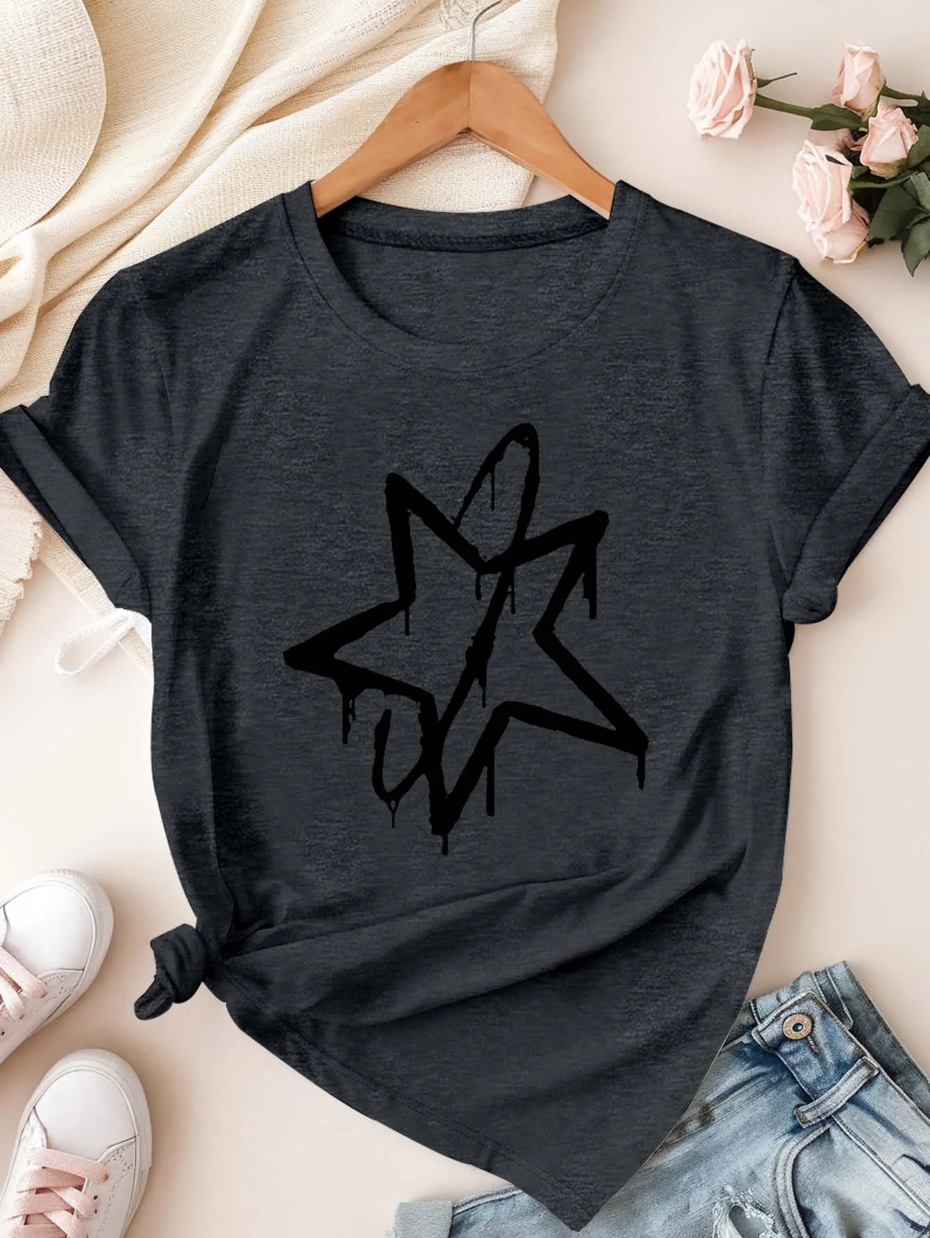 Plus - Maat T-shirt met korte mouwen Oversized dameskleding: Streetwear Dripping Star Graphic