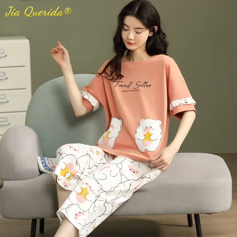 SUKAE Lovely Calf-Length Pants Homewear Cartoon Pyjamas Women Pajama Sets Summer Sleepwear Mujer Nightwear Knitted Cotton Pijama