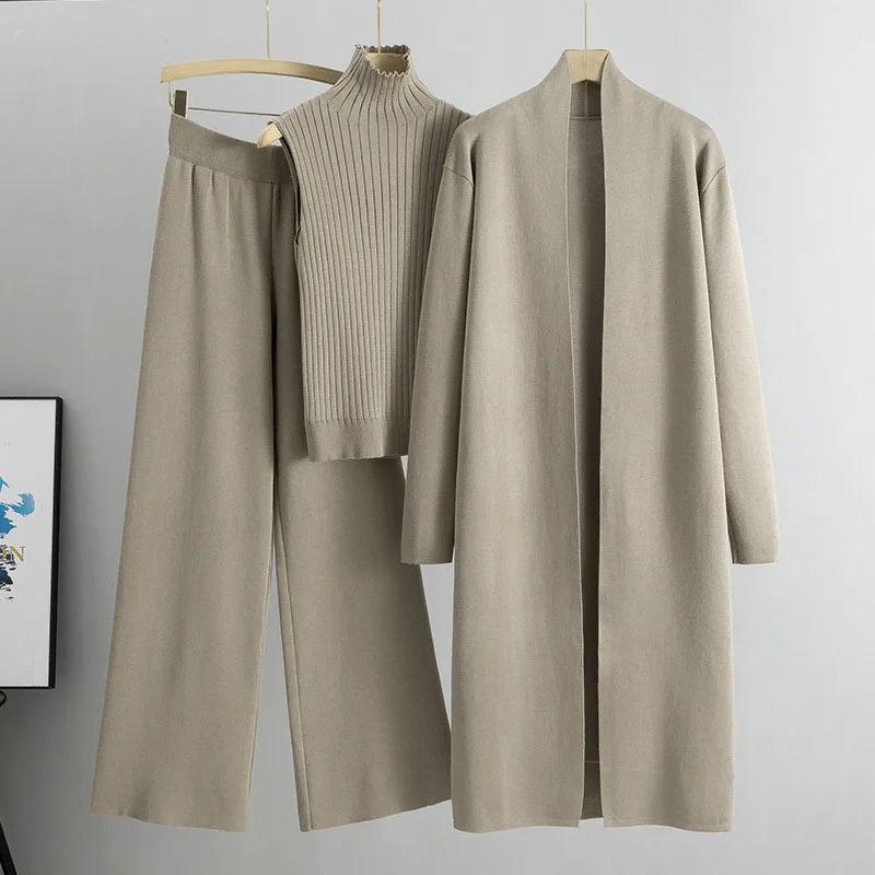 Vest Cardigan and Pants Matching Set for Women Polyester Solid Color Regular Length Medium Elasticity Autumn Winter Outfit