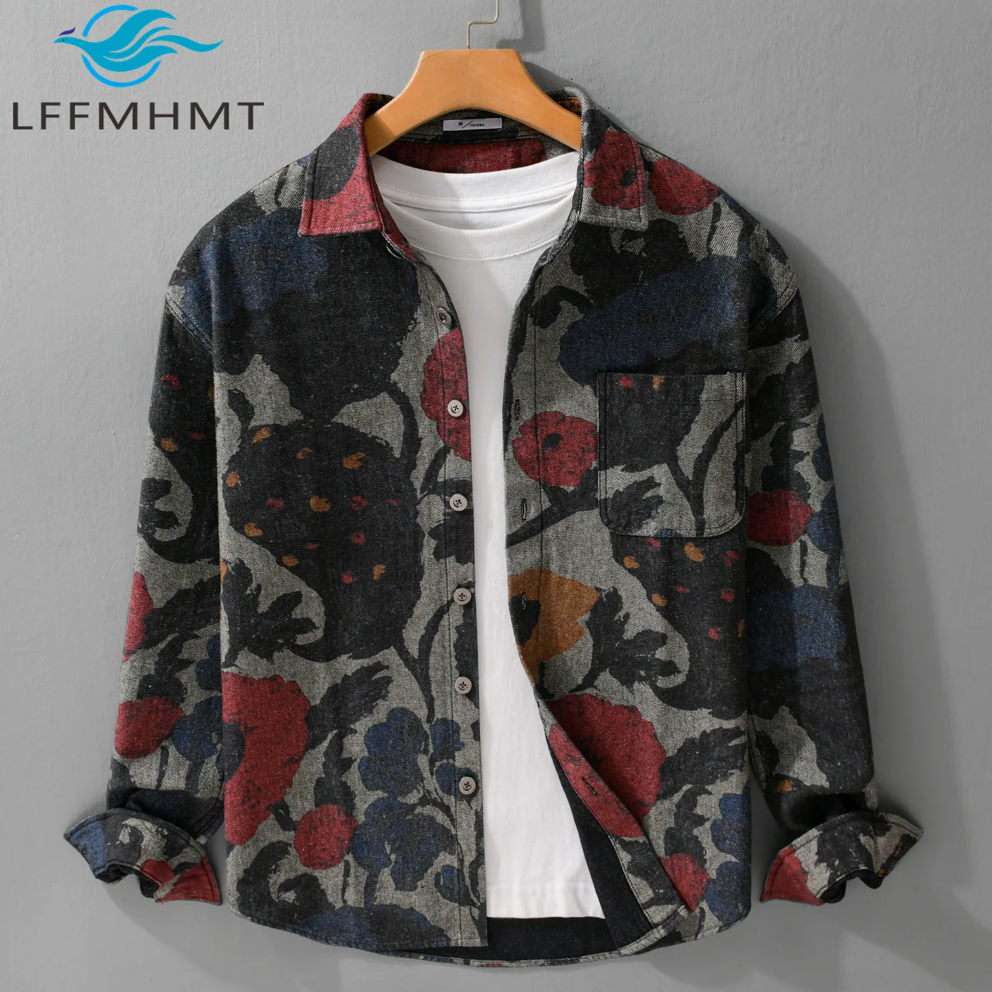 Spring Autumn Trendy Men's Vintage Printed Long-sleeved Heavyweight Shirt Youth Hong Kong Style High-end Loose Casual Men's Tops