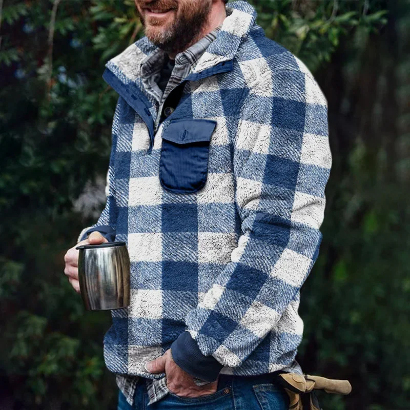 

Men Plaid Sweatshirts Stand Collar Zipper Hoodies Splice Loose Casual Tops Autumn Winter Punk Full Sleeve Thick Jackets