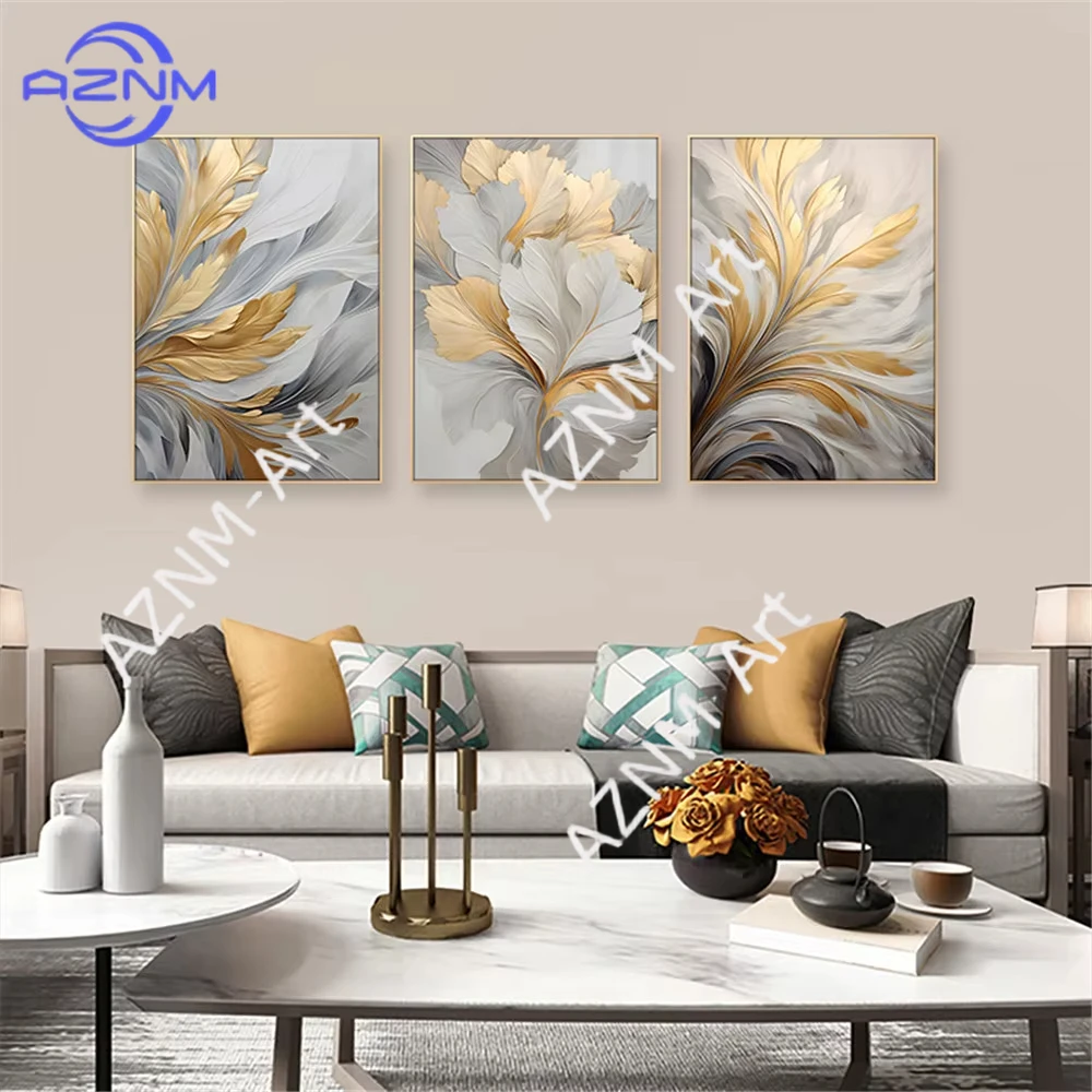 1/3 Stück abstraktes gold- und grau-farbenes Feder-Leinwand-Wandkunst-Poster, modernes minimalistisches Blumendruck-Wandbild für Schlafzimmer-Dekoration