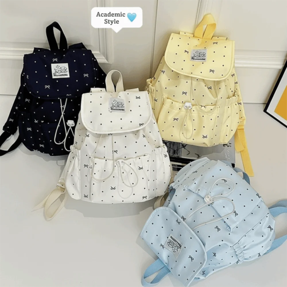 Japanese Style Women's Backpack Polka Dot Pattern Drawstring Closure Drawstring Backpack Large Capacity Preppy Style Bag