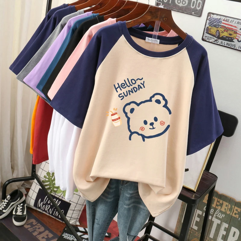 DAYIFUN O collo manica corta t-shirt donna Cartoon Print Splicing Design Sense magliette 2024 nuova estate Plus Size cotone Top Tees