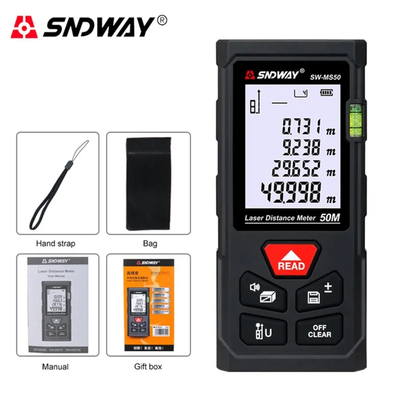 SNDWAY Laser Distance Meter 40M/50M/120M Digital Tape Measure Precision Rangefinder With Distance/Area/Volume/Self-calibration