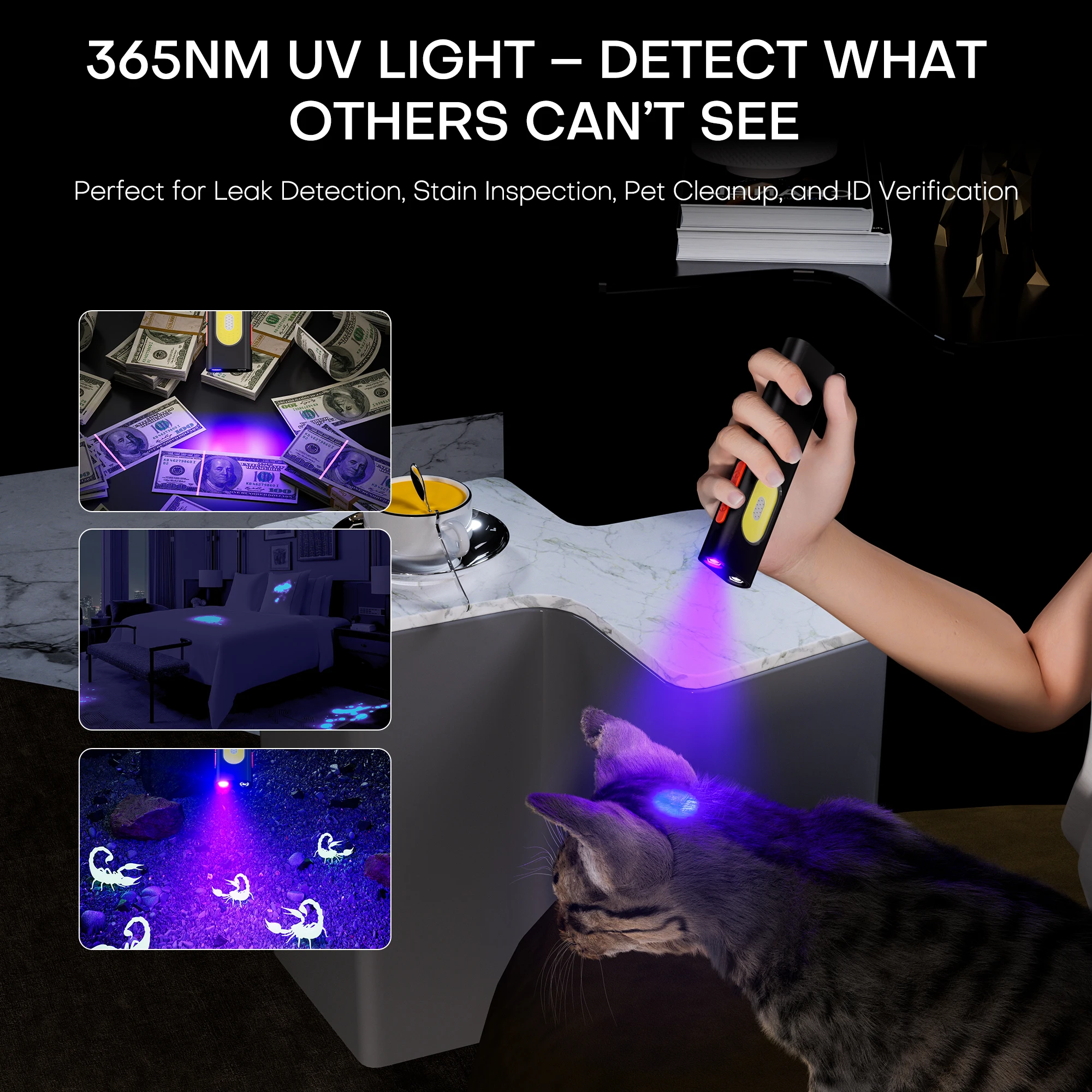 

COB Multifunctional Light with 1000 Lumens Red Laser UV Light Magnetic Rechargeable 1000mAh Battery Aluminum Alloy Compact 11x3x