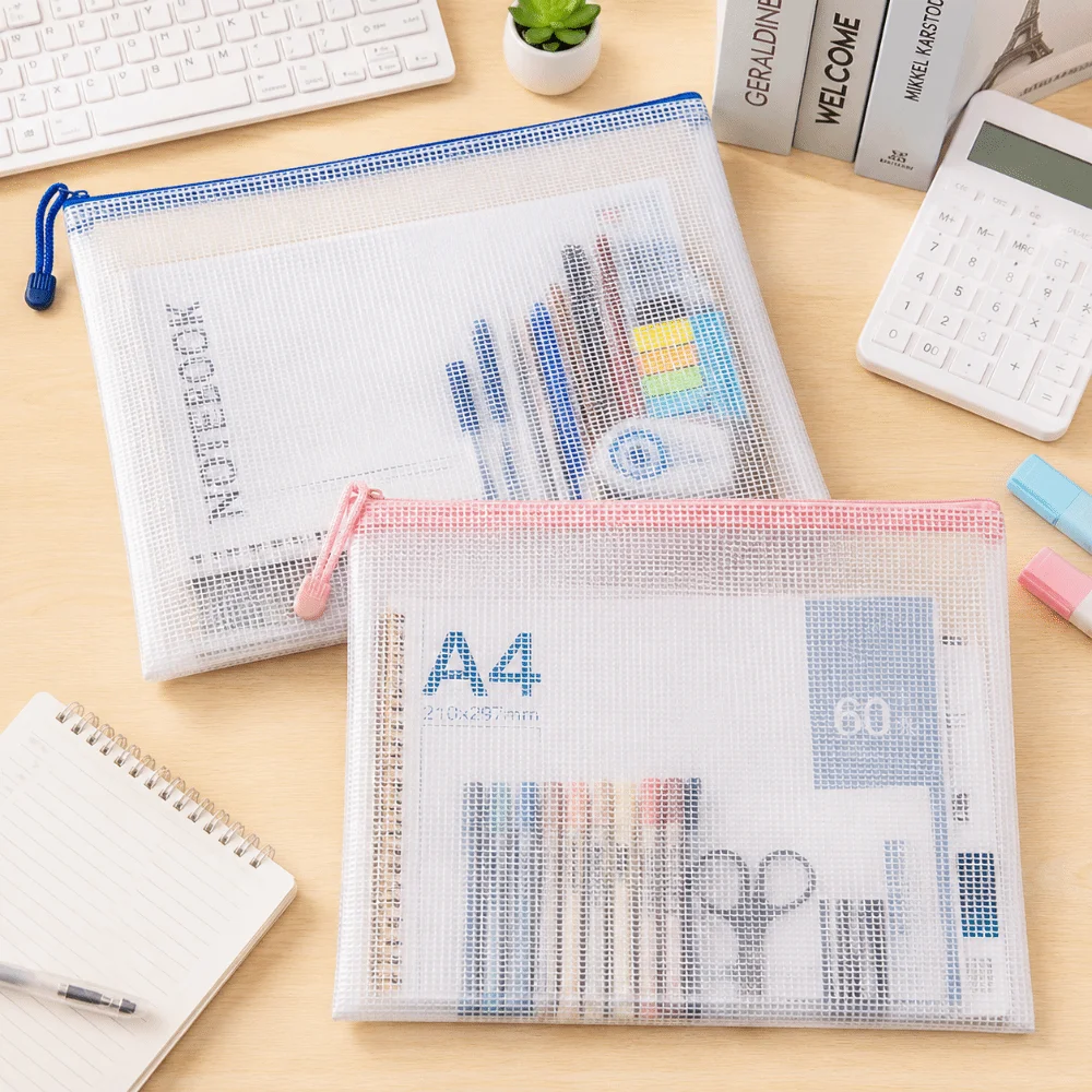 5pcs A4 Mesh Zipper Pouch with Lanyard Large Capacity Document Organizer Bag File Folder Organizer Waterproof
