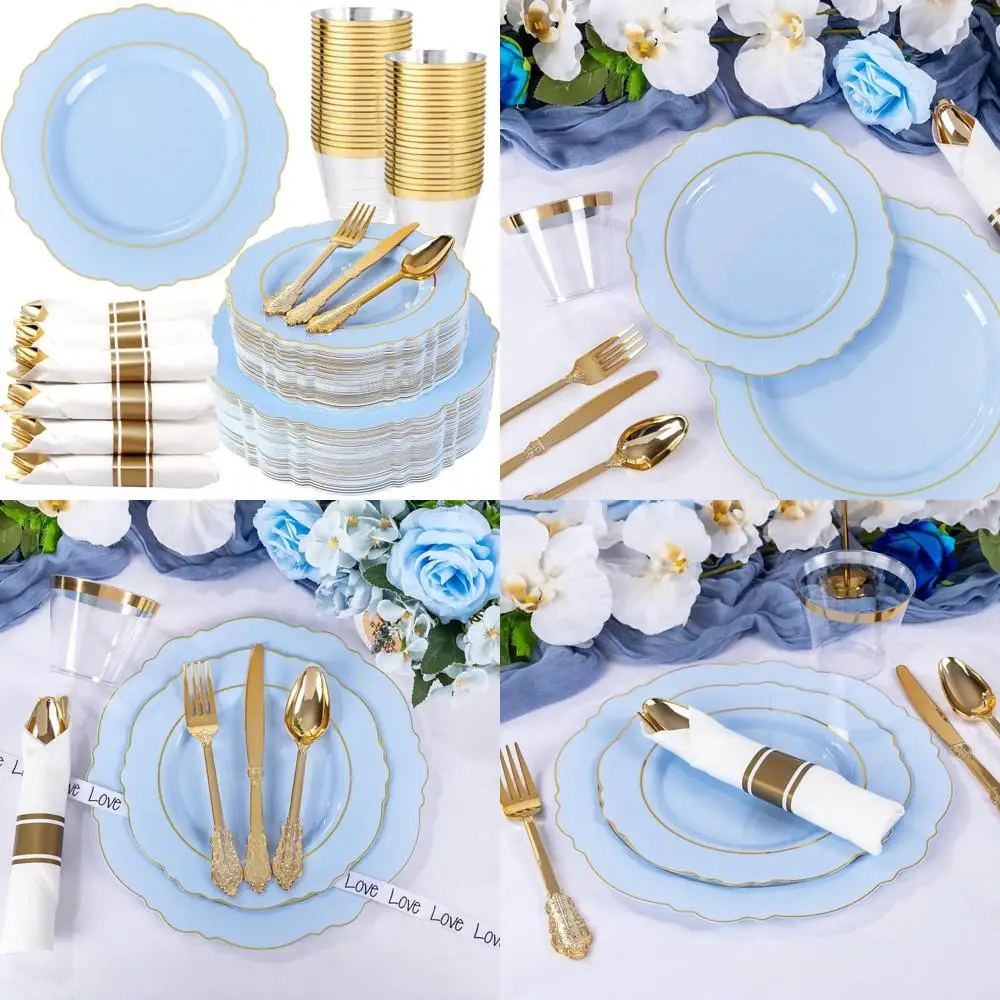 

Набор одноразовой сине-золотой пластиковой посуды для 50 гостей — 350 тарелок и упаковок в стиле барокко