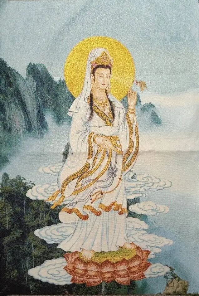 36Inch Tibetan Silk Buddhist Guanyin Buddha Lotus Thangka Wall Painting 6