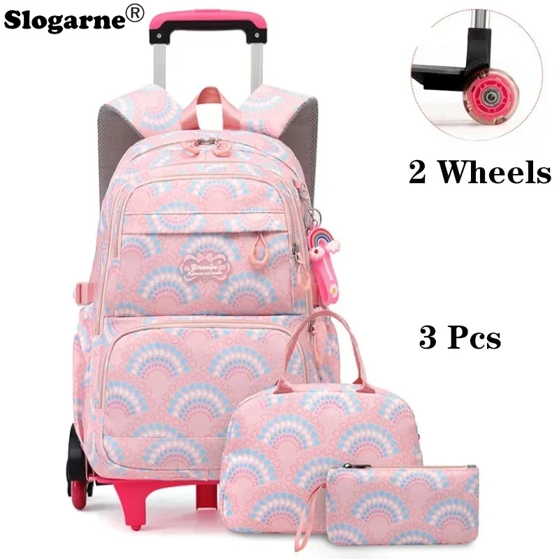 Rolling School Bags for Girls Backpack Children Waterproof School Backpacks with 2 Wheels Middle School Trolley Luggage Bookbags