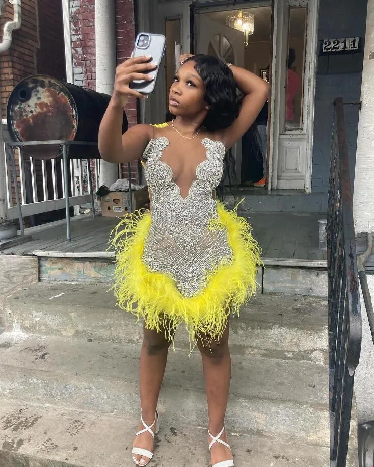 

Yellow Silver Diamond Short Prom Dress customsized Black Girl Sparkly Crystal Feather Sheer Mesh Mini Birthday Homecoming Gown