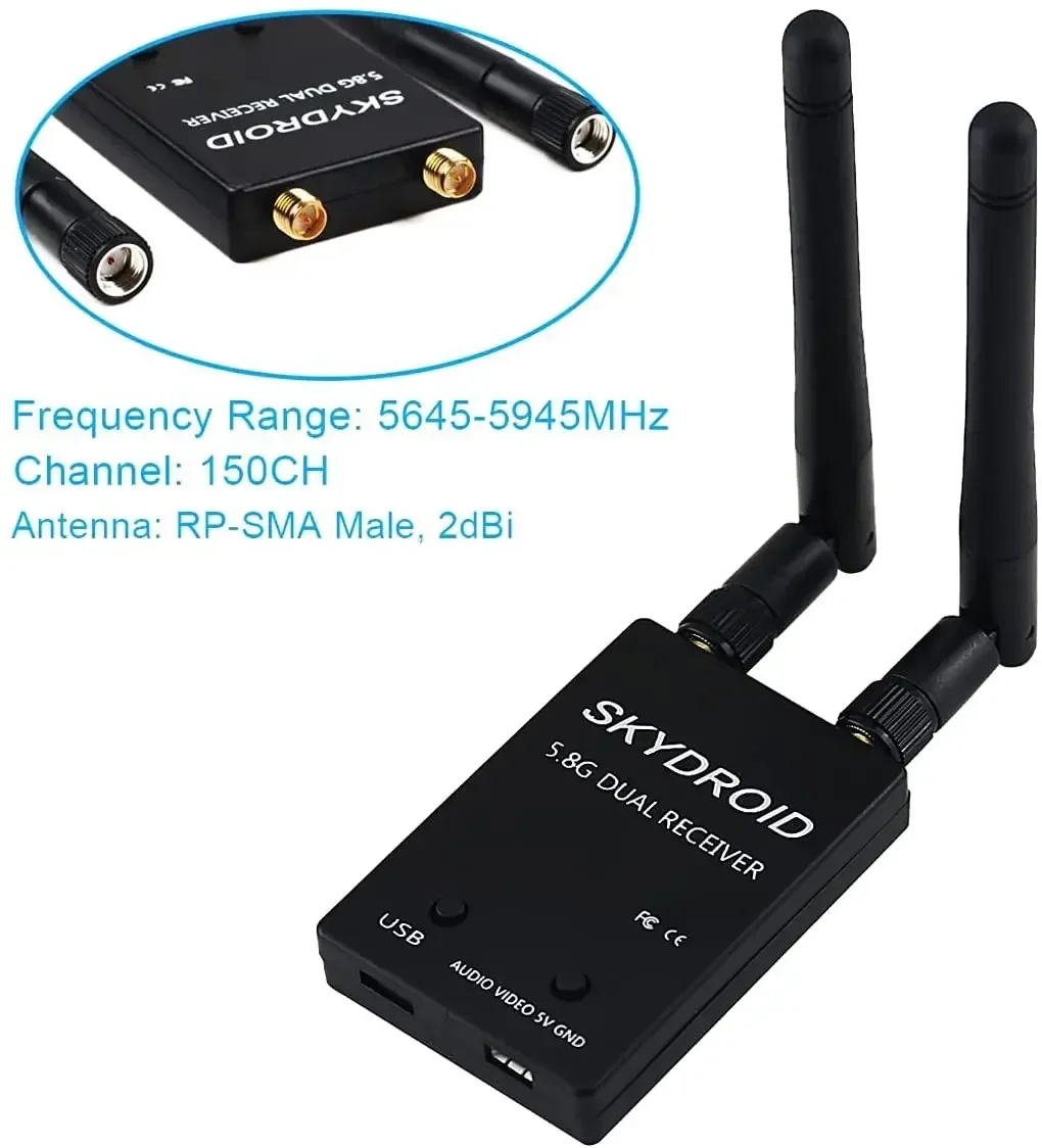 SoloGood Skydroid FPV Receiver 5.8G Dual OTG 150CH Video Downlink Receiver Double Antenna for Android Phone PC Monitor(Black)