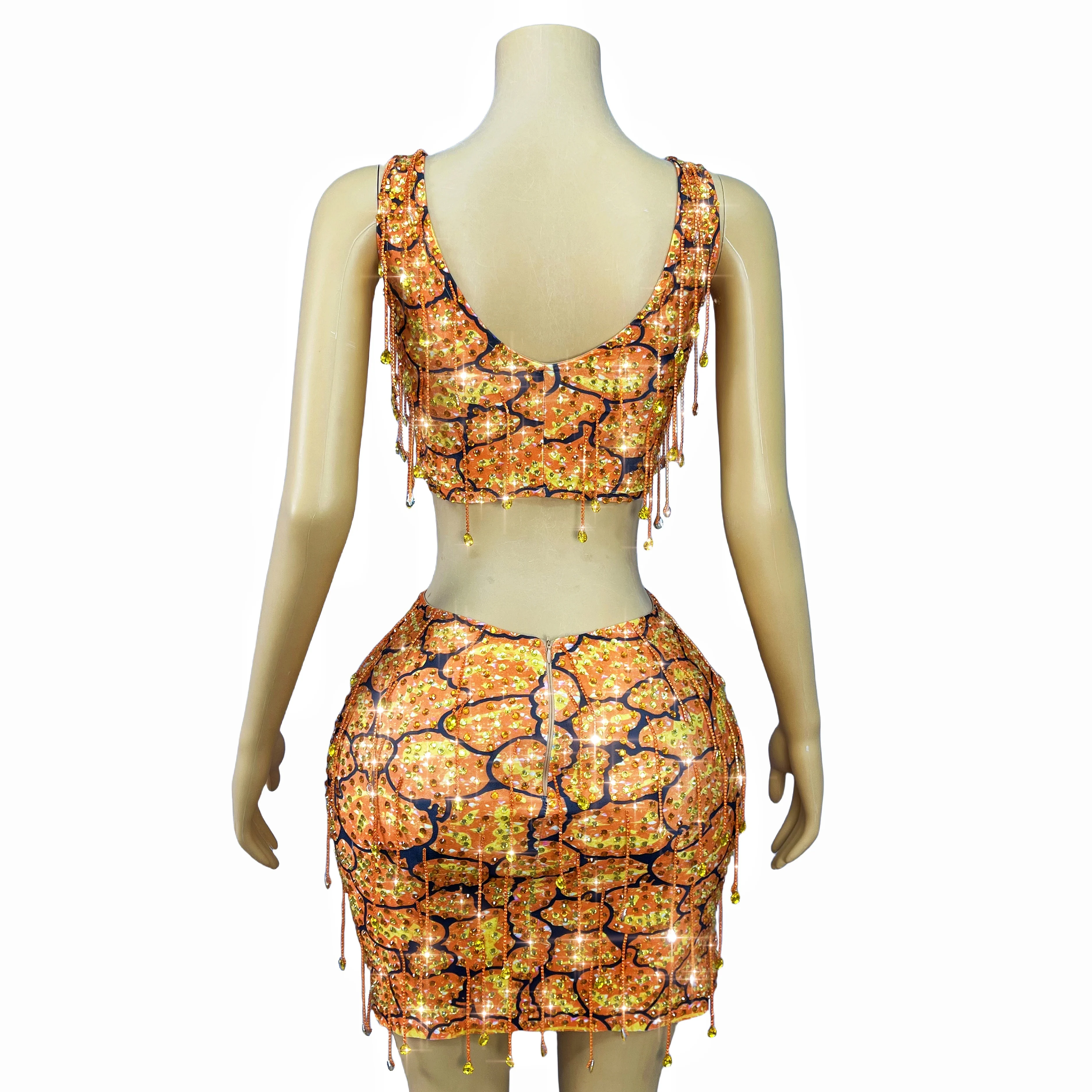 أكمام البرتقال الراين هامش أعلى تنورة مساء بلينغ بلورات سلاسل عيد ميلاد مثير مشرقة الزي مجموعة Nanguatou
