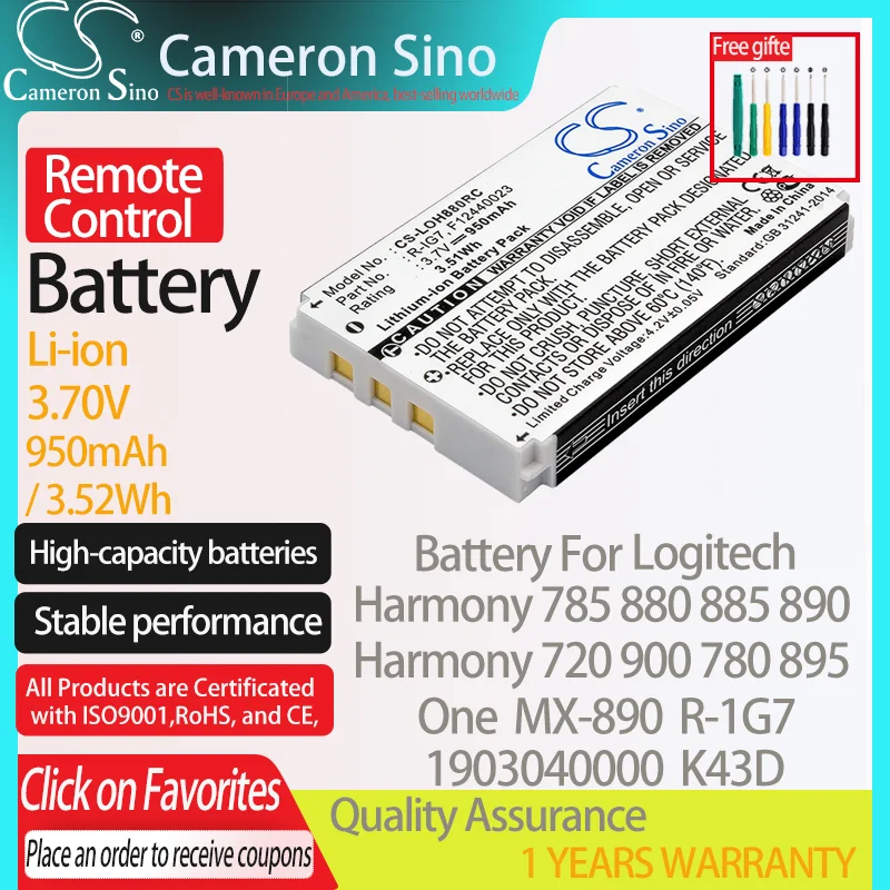 CameronSino Battery for Logitech Harmony 785 880 885 890 720 720 900 MX-890 One fits Logitech 1903040000 Remote Control battery