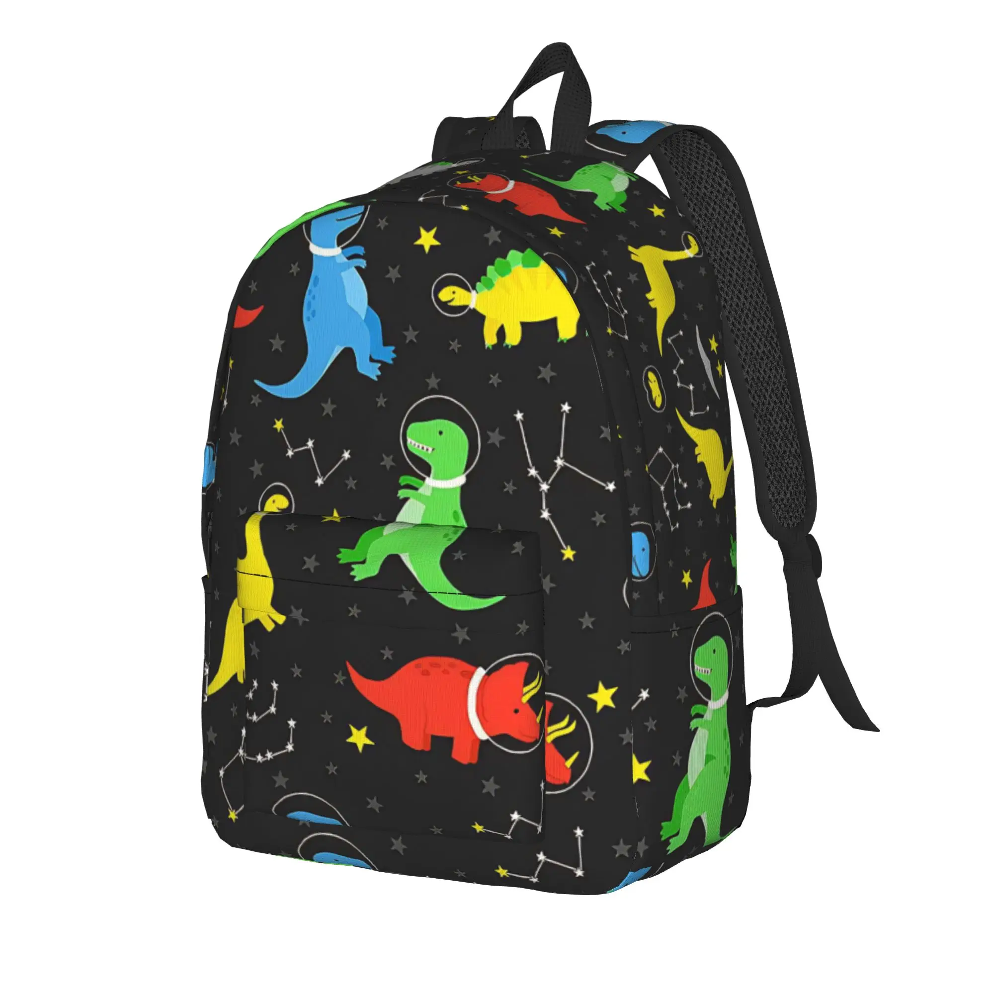 Dinosaur Astronauts Black Backpack Student  Breathable Backpacks Polyester Kawaii High School Bags Outdoor Style Custom Rucksack