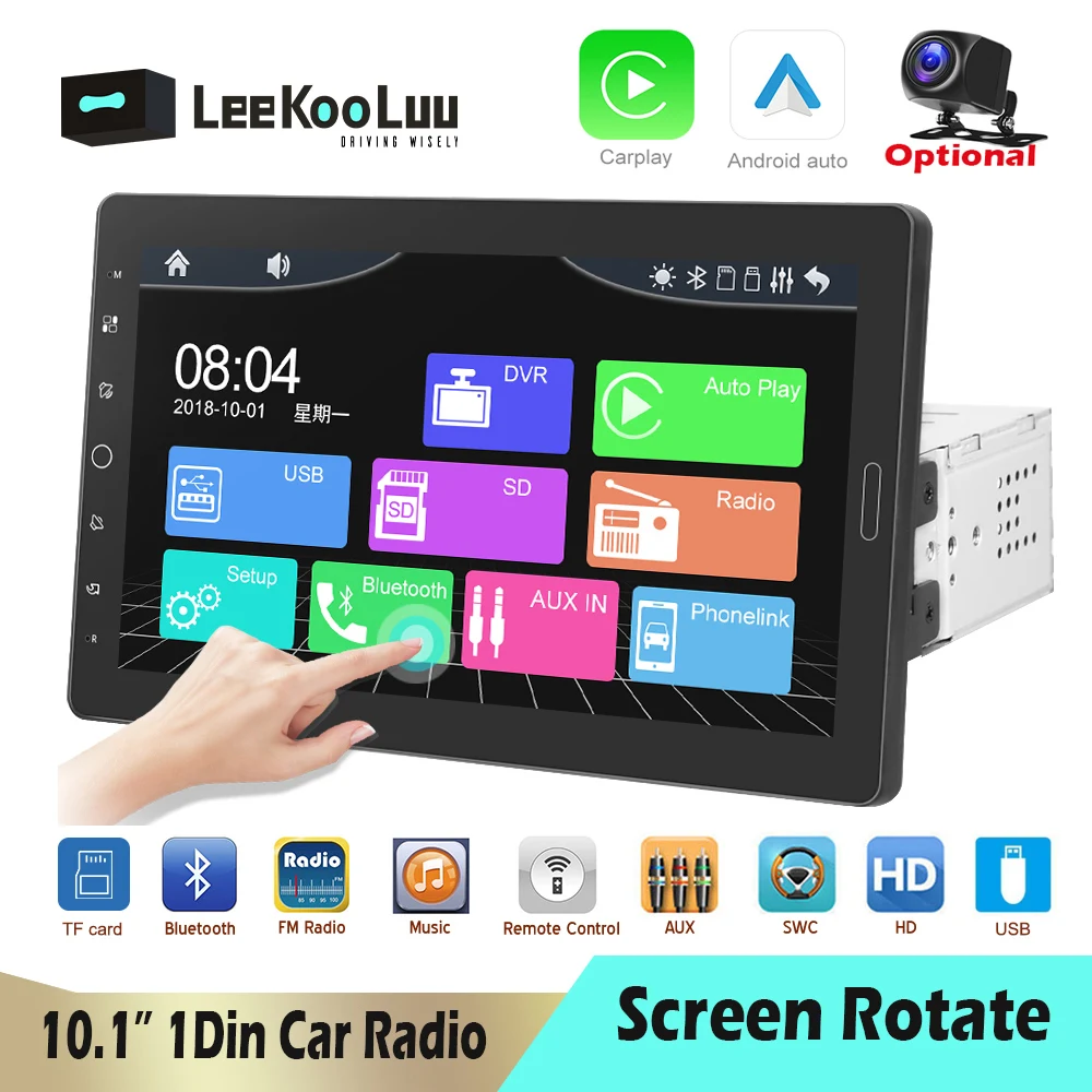 

Leekooluu 1 Din Car Radio 10.1" Rotate Touch Screen Autoradio 1Din Stereo Mirrorlink Carplay Android Auto Multimedia Player