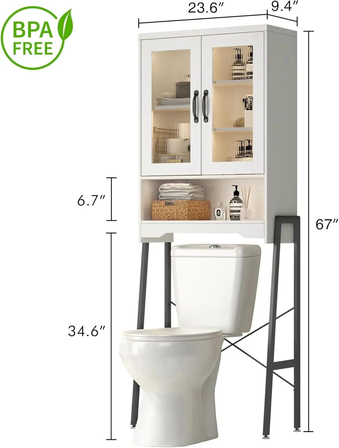 Over The Toilet Storage Cabinet with Tempered Glass Doors & Metal Stand, Over Toilet Organizer with Adjustable Shelf Space Saver