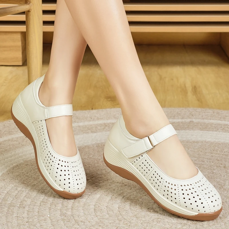 

Women's Perforated Mary Jane Wedge Shoes - Breathable Adjustable Strap Casual Walking Shoes