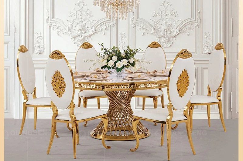 

Light luxury marble dining table wedding banquet round table wedding dining table and chair combination modern stainless steel