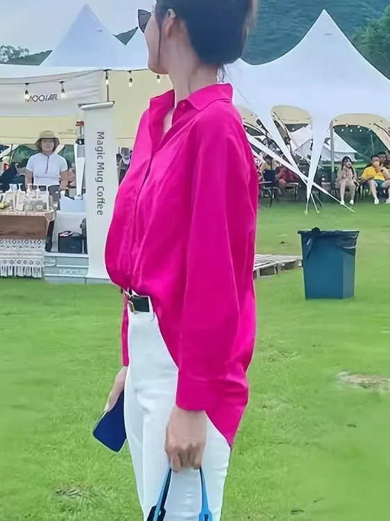 Dragon Fruit Colored Loose Women's Shirt Korean Style Early Autumn Wear Casual Style Long Sleeve  Collar Polyester Fabric