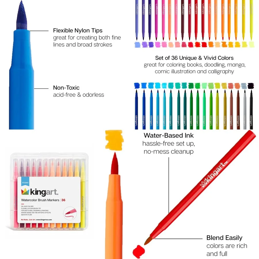 

KINGART 36 Watercolor Brush Markers Set: Flexible Tip Pens for Coloring Books Calligraphy Doodling Manga Painting Ideal for Art