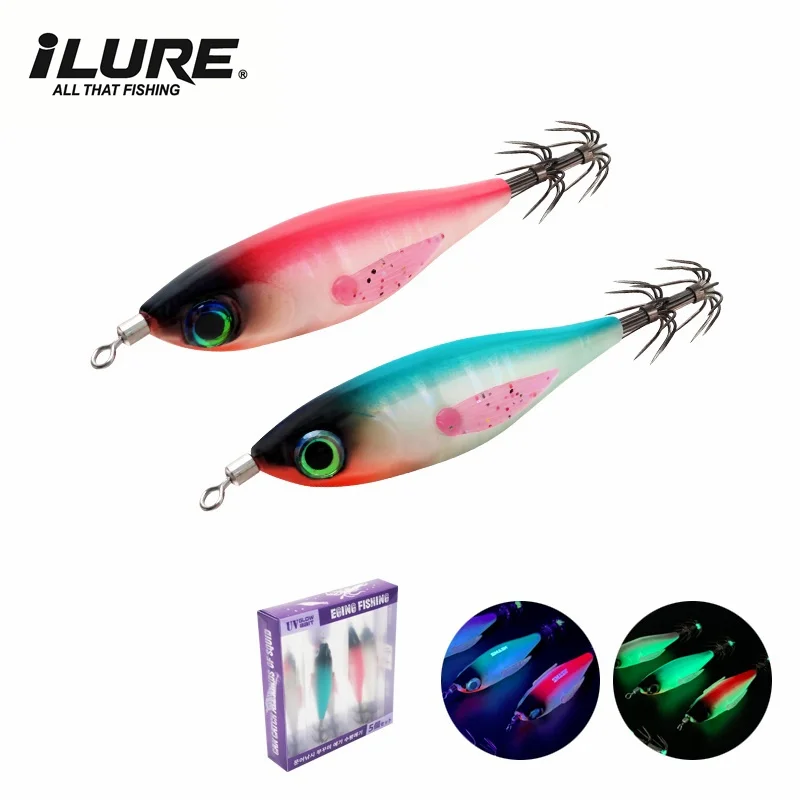 5Pcs Luminous Squid Bait Set 5g Webfoot Octopus Egi Artificial UV Wooden Shrimp Cuttlefish Squid Jig Double Laye Hook Sea Tackle