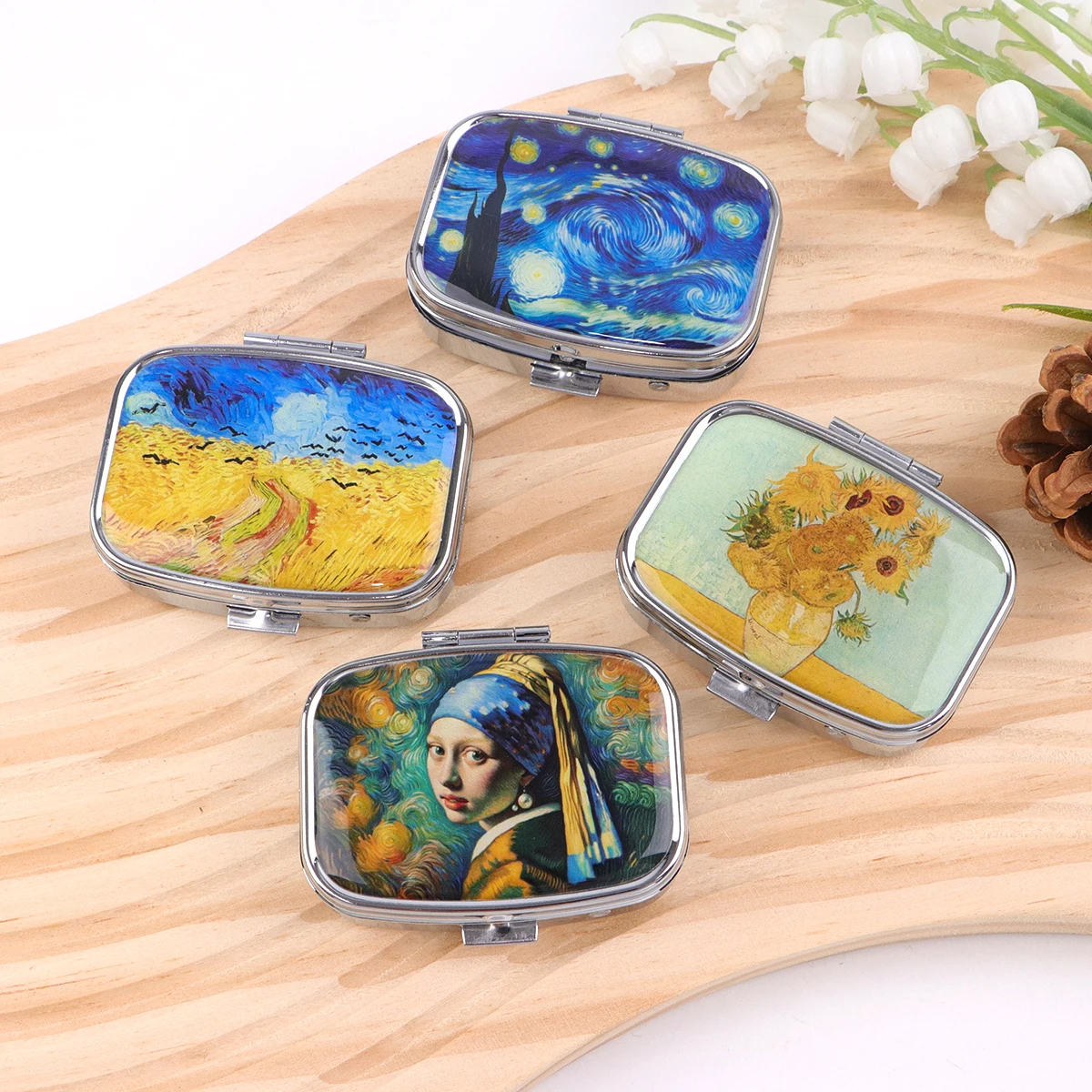 Oil Painting Metal Medicine Box with 2 Compartments Portable Travel Sealed Small Pill Organizer Container Storage