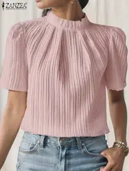 ZANZEA Women Summer Solid Blouse Holiday Puff Short Sleeve Blusas Fashion Stand Collar Pleated Tunics Casual Loose Blouse Tops