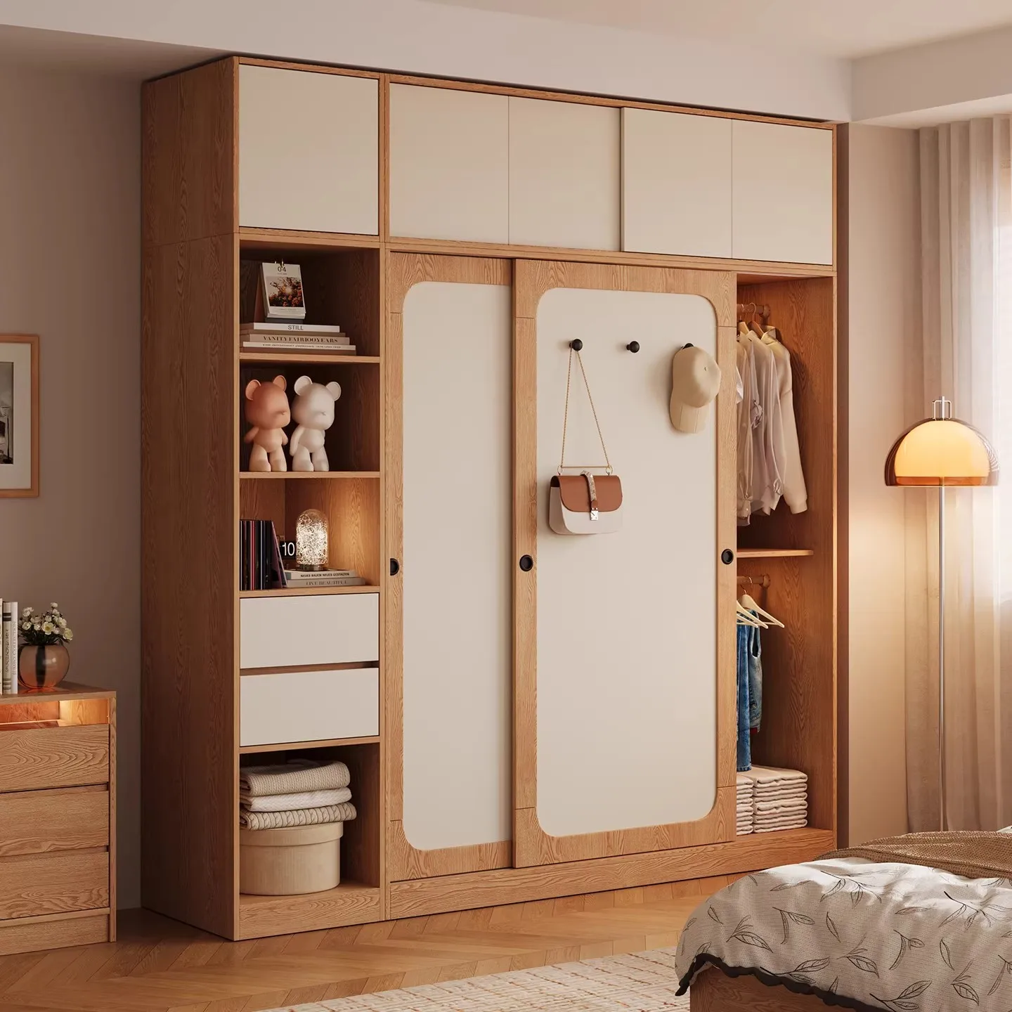 Wardrobe Home Bedroom Solid Wood Children's Sliding Door Wood Wardrobe