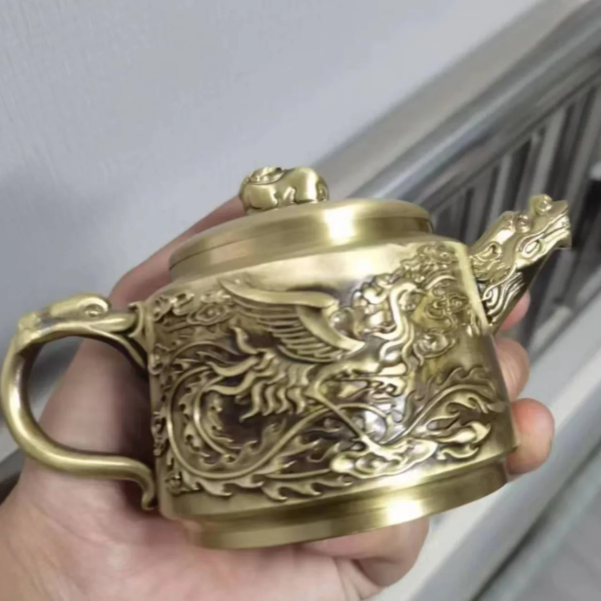 Brass production, teapot, Baifu teapot, dragon and phoenix teapot cultural and play handicrafts