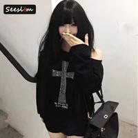 Seeslim-sudaderas con capucha cruzadas de un solo hombro para mujer, sudaderas negras de manga larga, ropa Harajuku Grunge de los años 2000, Tops de otoño Y2k