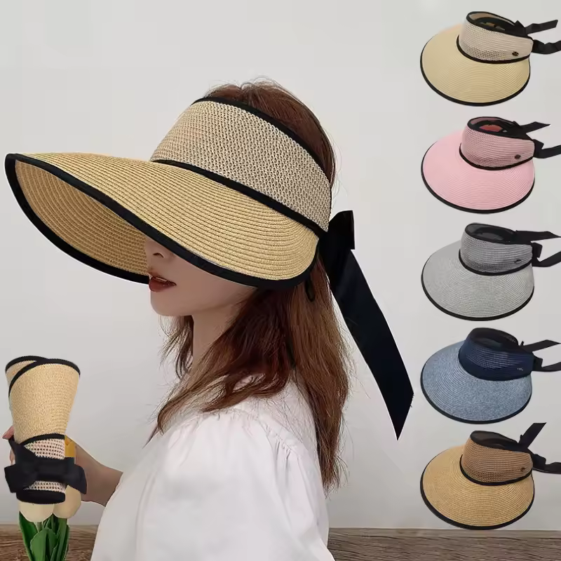 New Summer Straw Hats For Women Beach Hat Sun Empty Top Female Sun UV Protection Big Brim Hat Foldable Bowknot Cap
