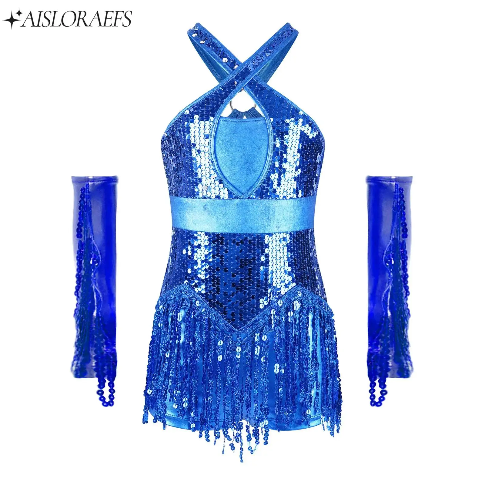 

Детский костюм для латинских джазовых танцев для девочек, костюм для выступлений ча-ча, купальник с кисточками и блестками, перчатки, костюм для балета, танца, гимнастики, наряд