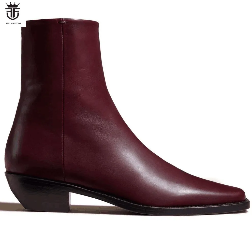 Factory Real Photo Cool Men wine red leather boots zip side ankle booties male party shoes low heel mens boot square toes