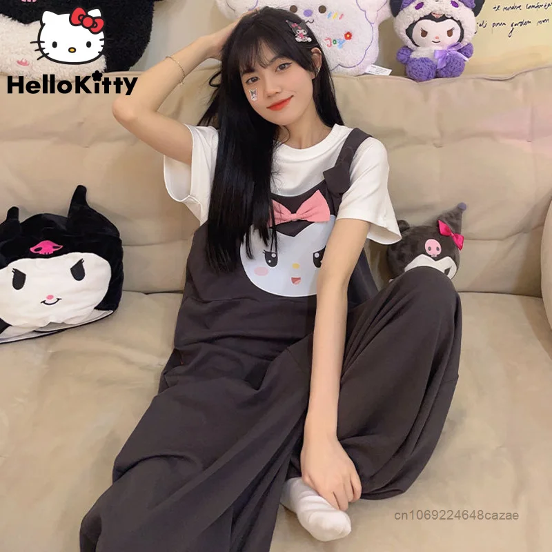 Sanrio Kuromi Melody Top Clothes Women Cute 2 Piece Set One Piece Pants Y2k Sweet Jumpsuit T-shirts Cotton Homewear Suit Kawaii