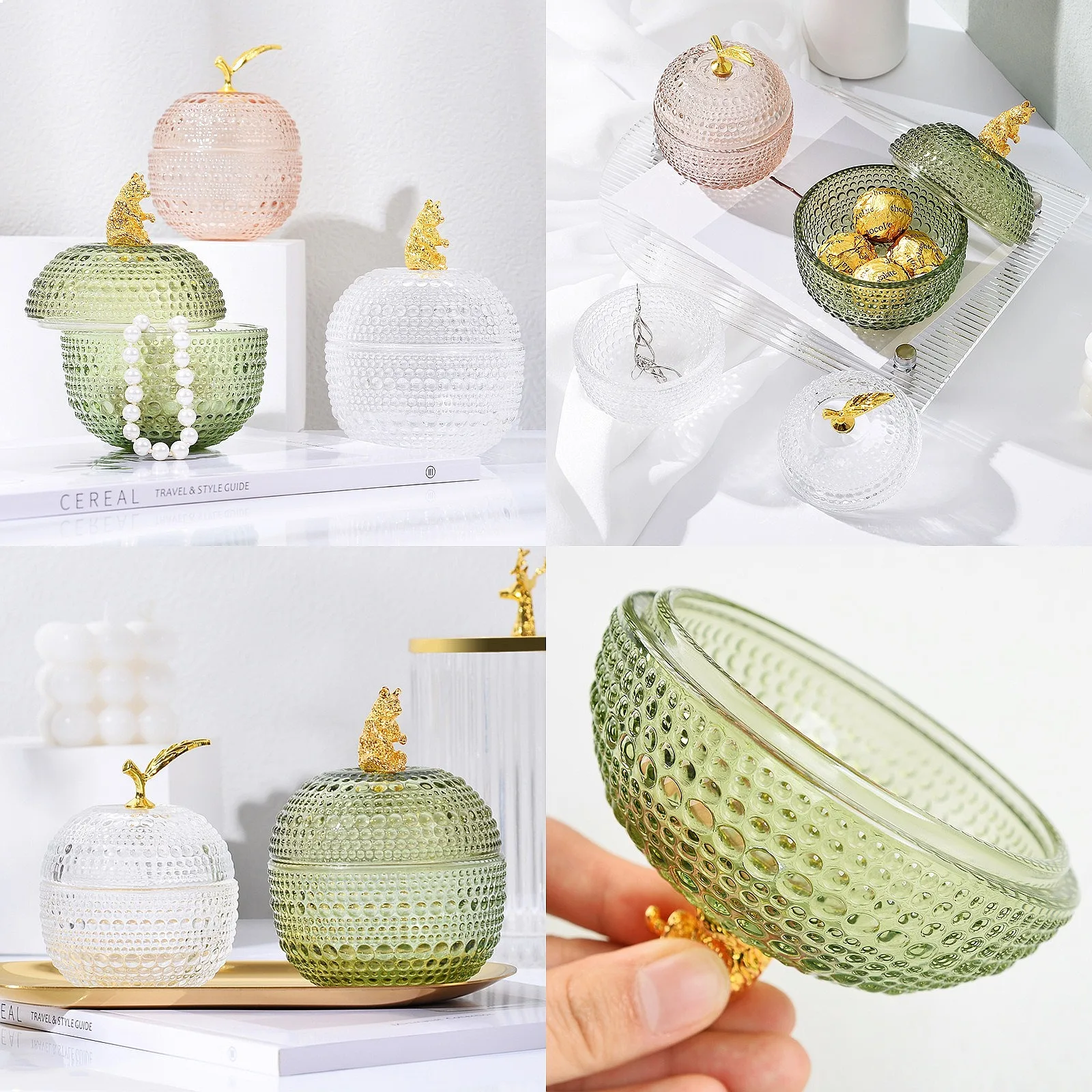 Transparent Glass Jar with Lid for Earrings Necklaces Rings Makeup Sponge Puff Desktop Organizer