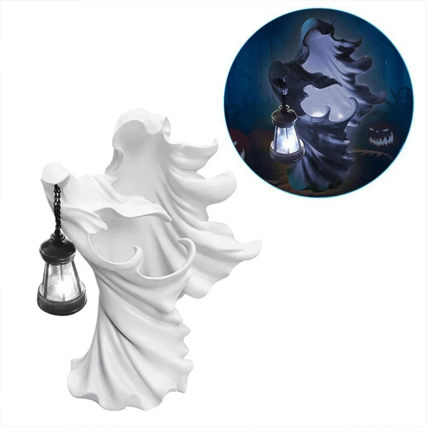 Hell Messenger with Lantern Ghost Seeking Light Witch Resin Statue Realistic Ghost Sculpture Halloween Ornament Decorative Lamp