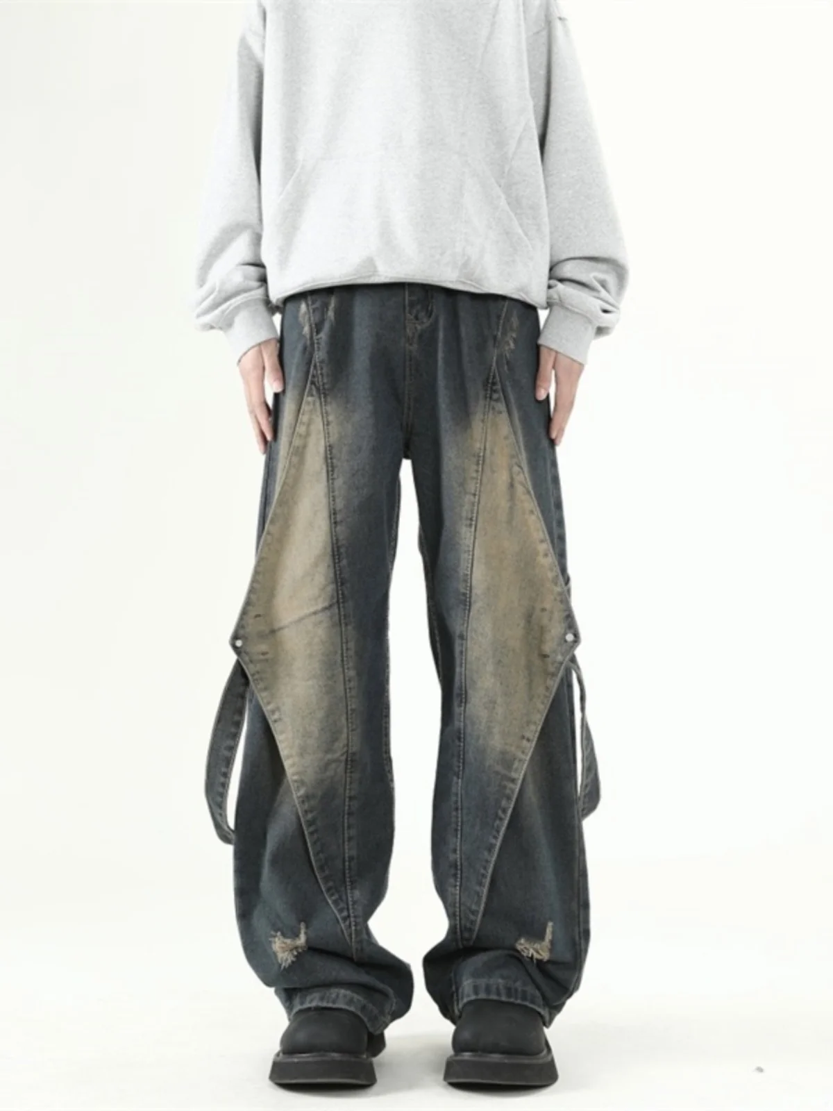 

Мужские джинсы в стиле хип-хоп, прямые брюки-клеш, весенне-осенние, модные, брендовые, с деконструктированным дизайном, облегающие, повседневные брюки