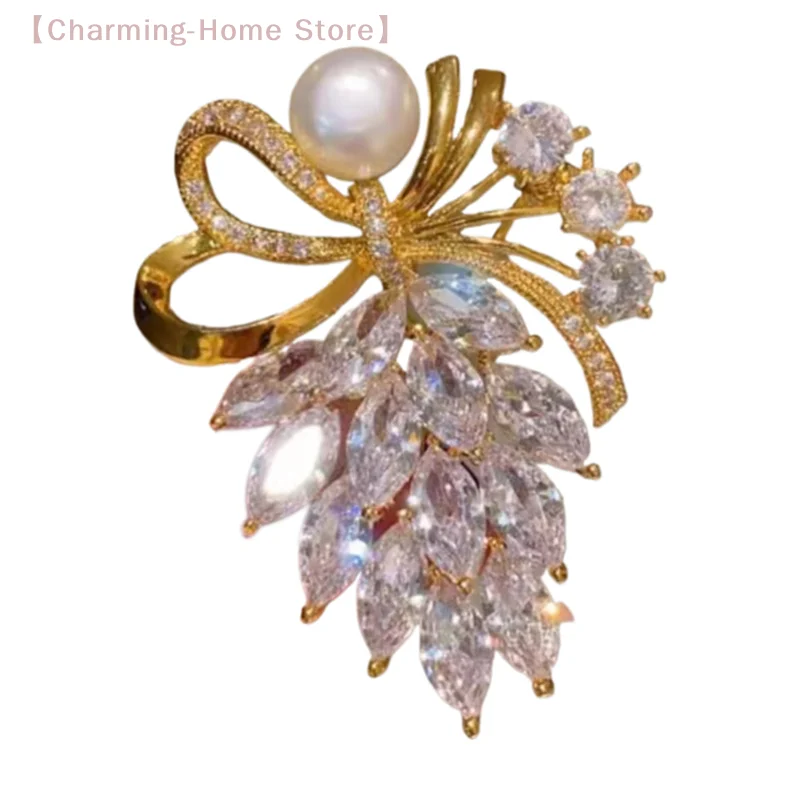 【M】Fashion Rhinestone Crystal Bow Pearl Brooches Women Clothing Coat Jewelry Accessries Gifts