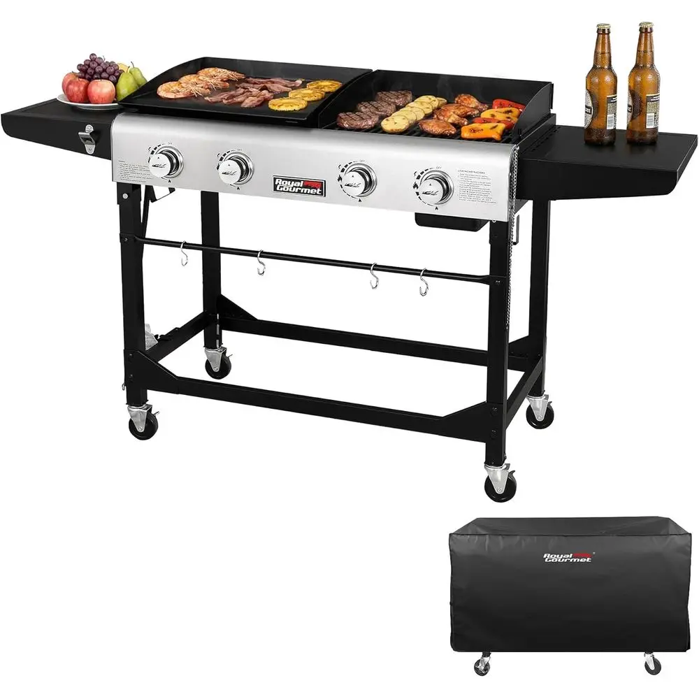 

Газовый гриль-комбо с 4 конфорками и жарочной поверхностью, мощность 48 000 BTU, для приготовления пищи на открытом воздухе и кемпинга, черный и серебристый