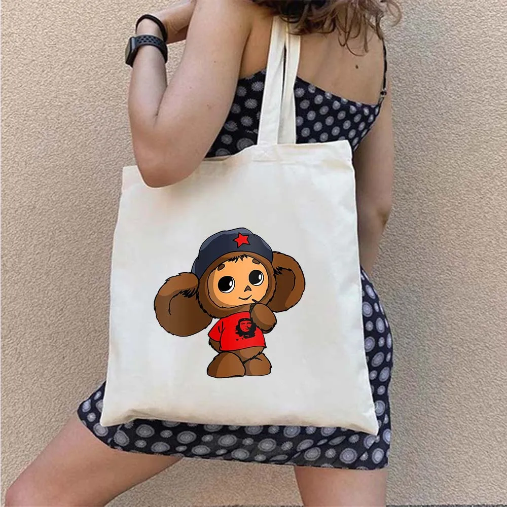 Russia Cheburashka Cute Cartoon Monkey Soviet Russian Doll Girls Womens Canvas Shoulder Bag Handbag Tote Eco Cotton Shopping Bag