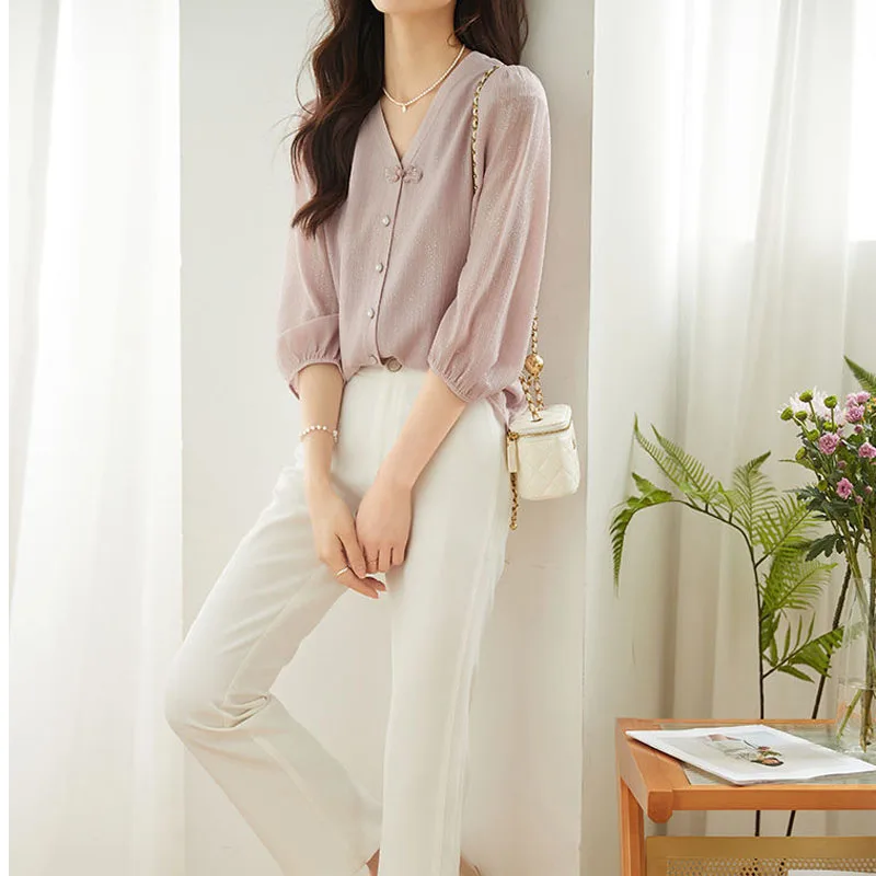 Women\'s Shirt Fashion Elegant Solid Color V-Neck Blouse 2024 Summer Female Clothing Sweet Loose 3/4 Sleeve Chiffon Button Tops