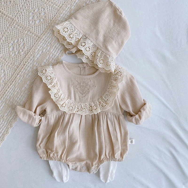 

Spring Autumn Newborn Baby Girls Bodysuits+Hat Embroidery Lace Stitching Long Sleeved Cotton Infant Baby Girls Jumpsuit