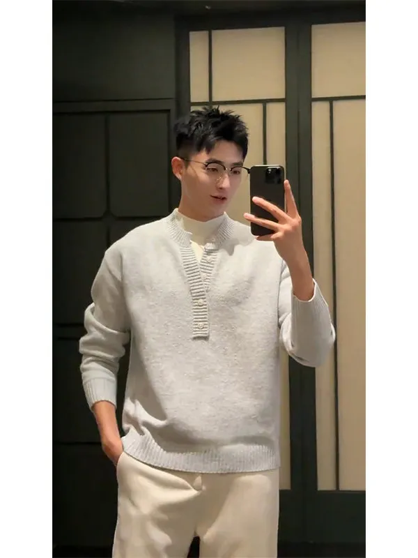 

Мужской трикотажный свитер с высоким воротником и V-образным вырезом, дизайнерский, в стиле пэчворк, премиум-класса, с длинными рукавами, для ношения под одеждой