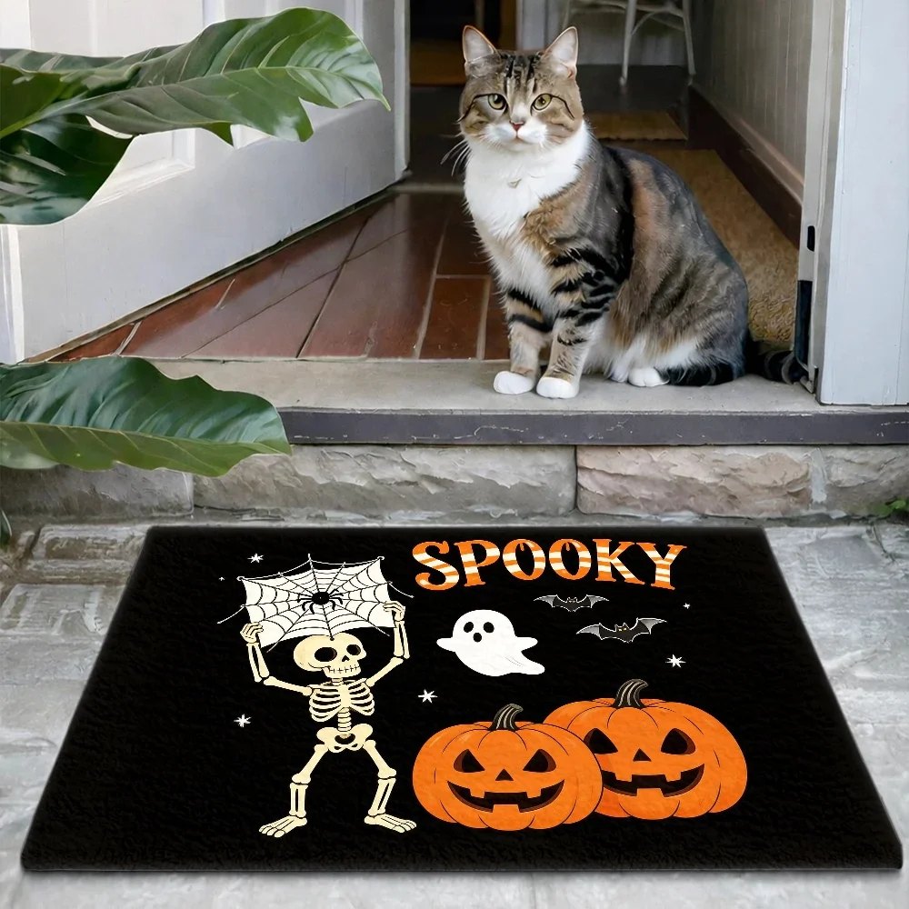 Flannel Doormats And Bath Rugs with a Halloween Design Featuring Skeletons, Pumpkins, And Ghosts. These Non-Slip, Absorbent Fl