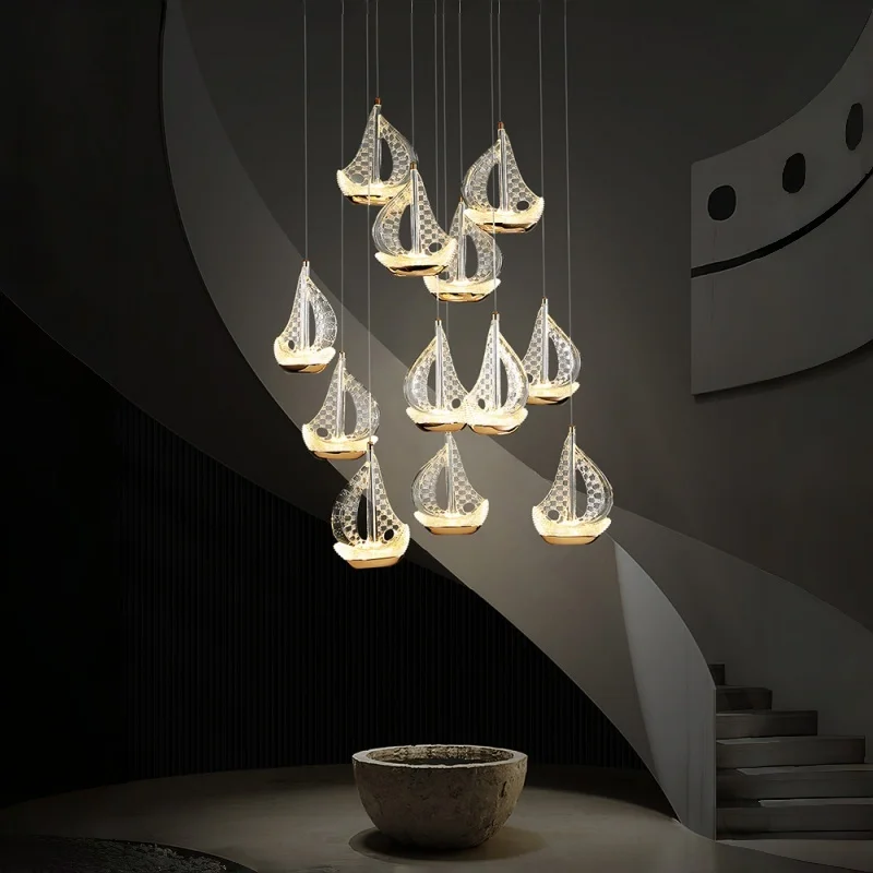 Nordic Stair Chandelier Gold/Black Base Neutral White Light Living Room Dining Room Pendant Lamp Indoor Home Decoration Ceiling